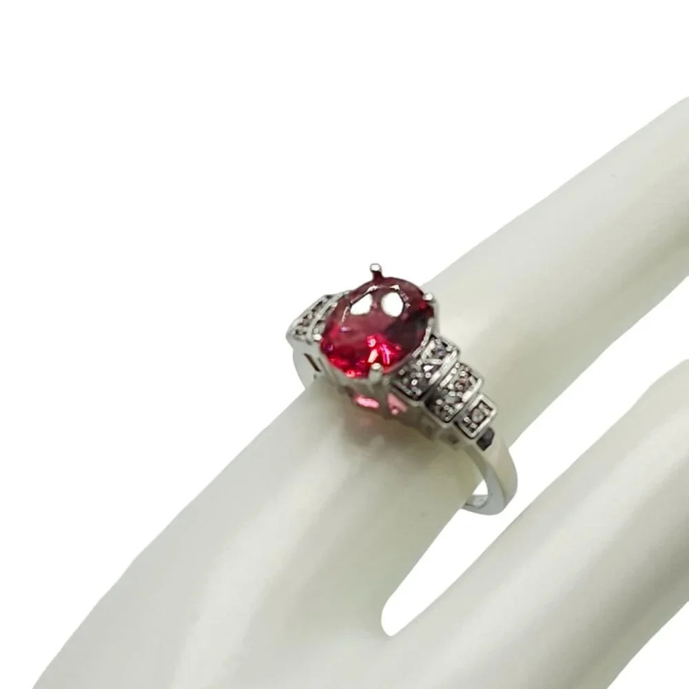 925 Sterling Silver Pink Clear Glass Rhinestone Cocktail Ring Size 8 Vintage
